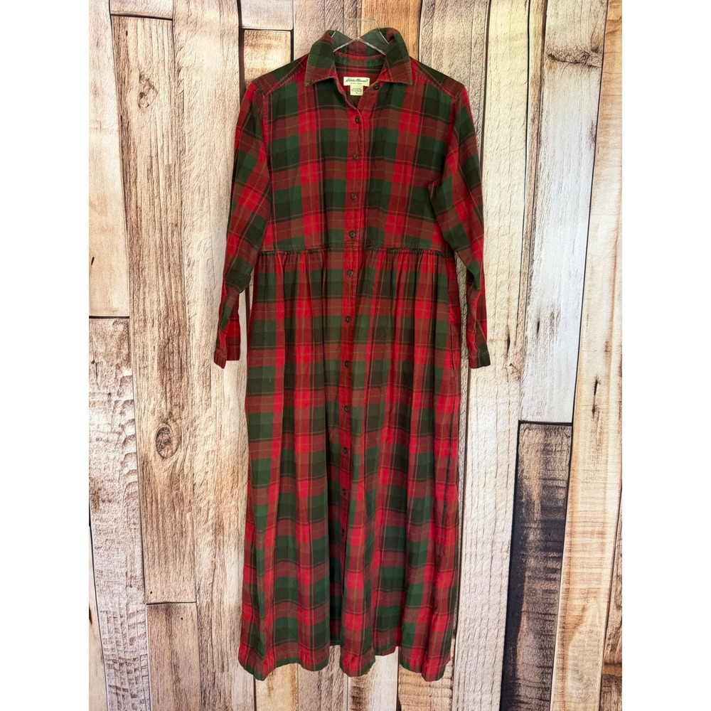 Eddie Bauer Plaid Flannel Maxi Shirt Dress Vintage Tartan Modest Rustic Medium